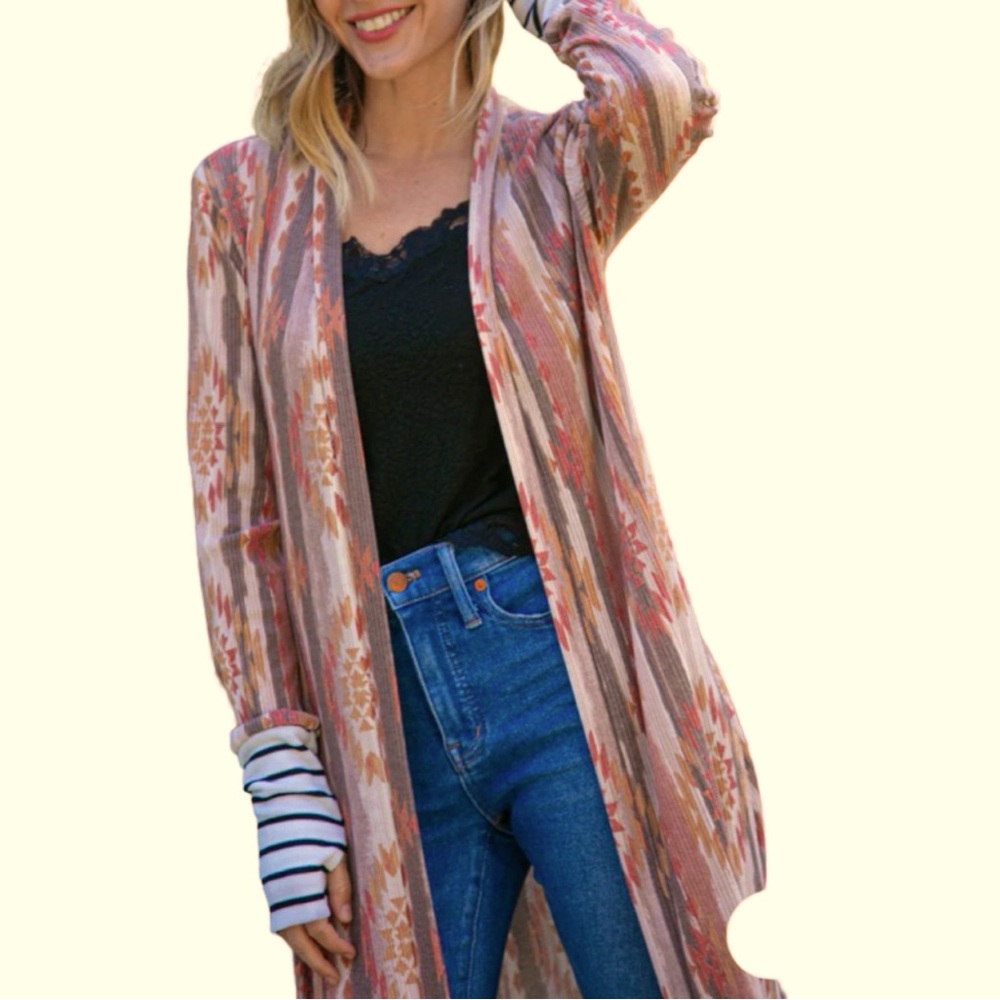 7th Ray Aztec Printed Stripe Sleeve Open Cardigan - Picture 7 of 10